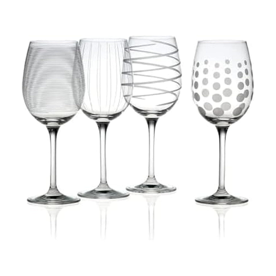 Mikasa Cheers set of four 16 oz white wine glasses with etched dots for guest identification.