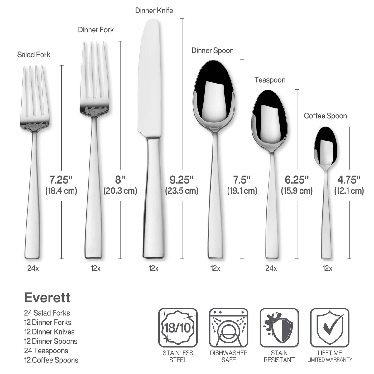 Mikasa Everett dinner spoons and teaspoons in 18/10 stainless steel for lasting shine.