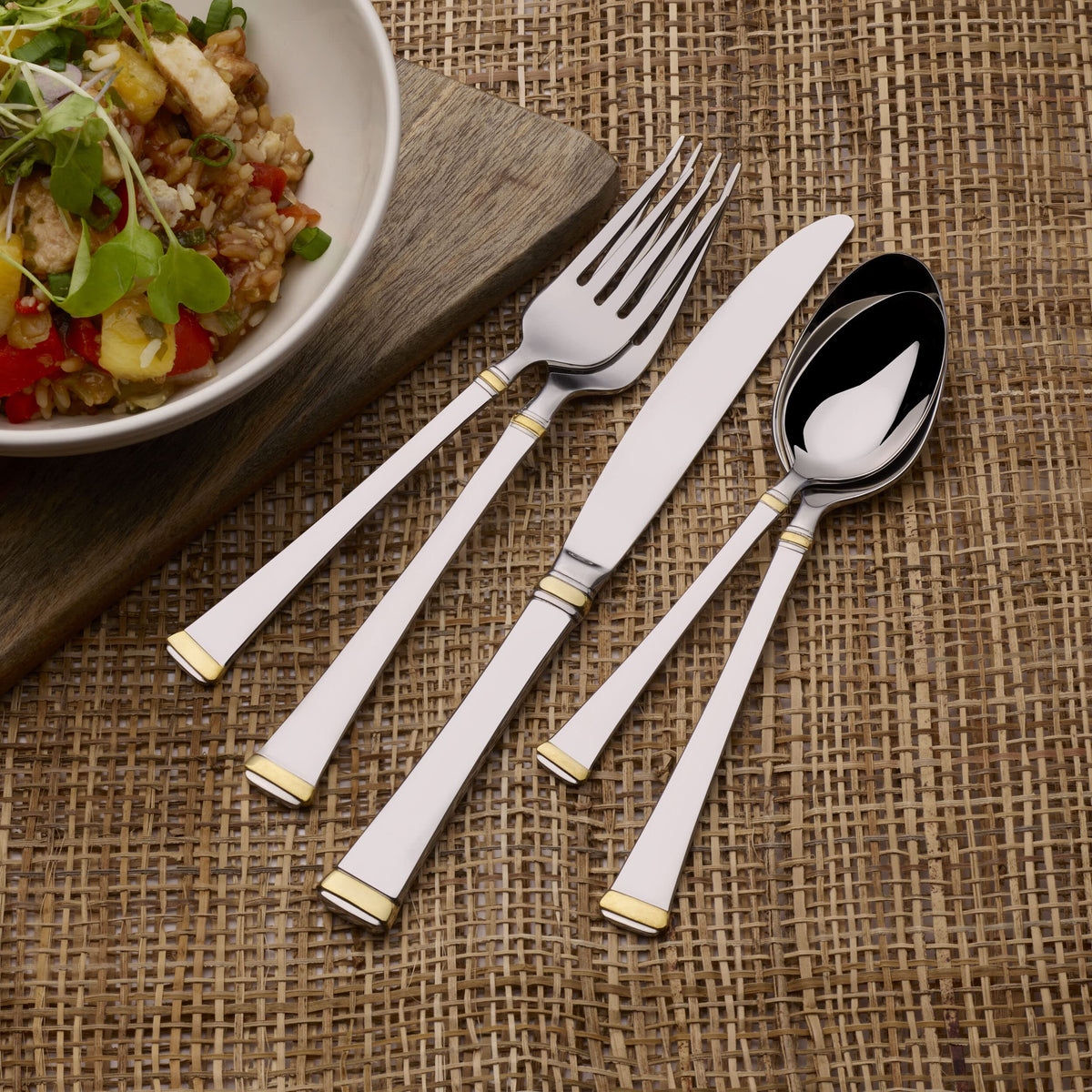 Mikasa Gold Accent Harmony dishwasher-safe flatware for easy maintenance