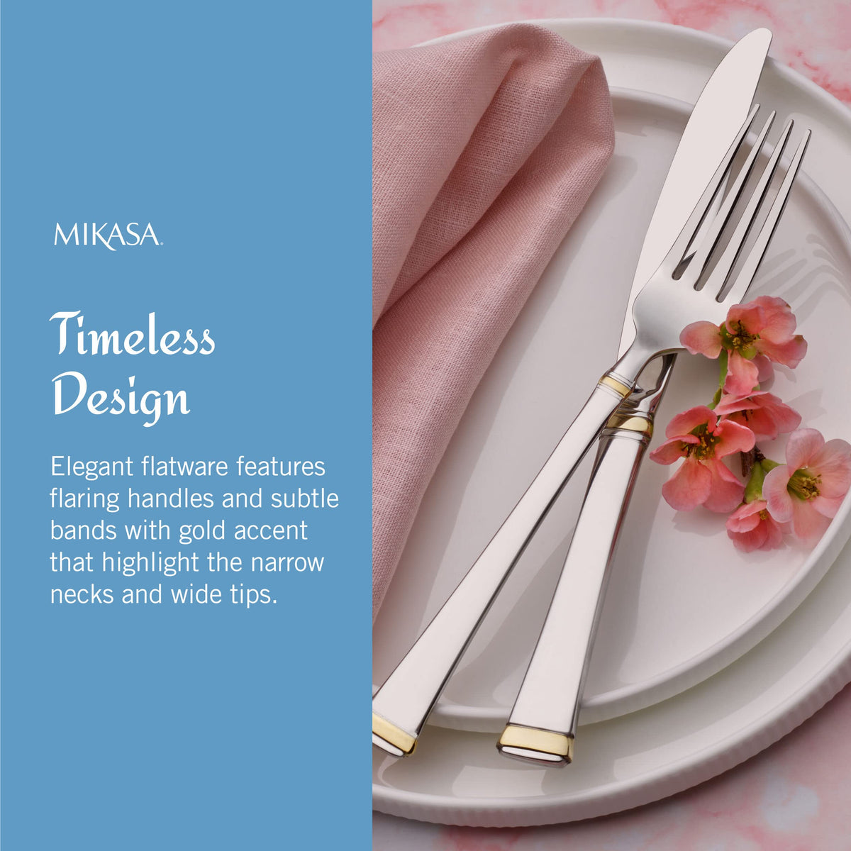 Mikasa Gold Accent Harmony ergonomic grip shown on dinner forks and knives