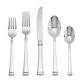 Mikasa Harmony 45-piece flatware set arranged for elegant dining; durable stainless steel.
