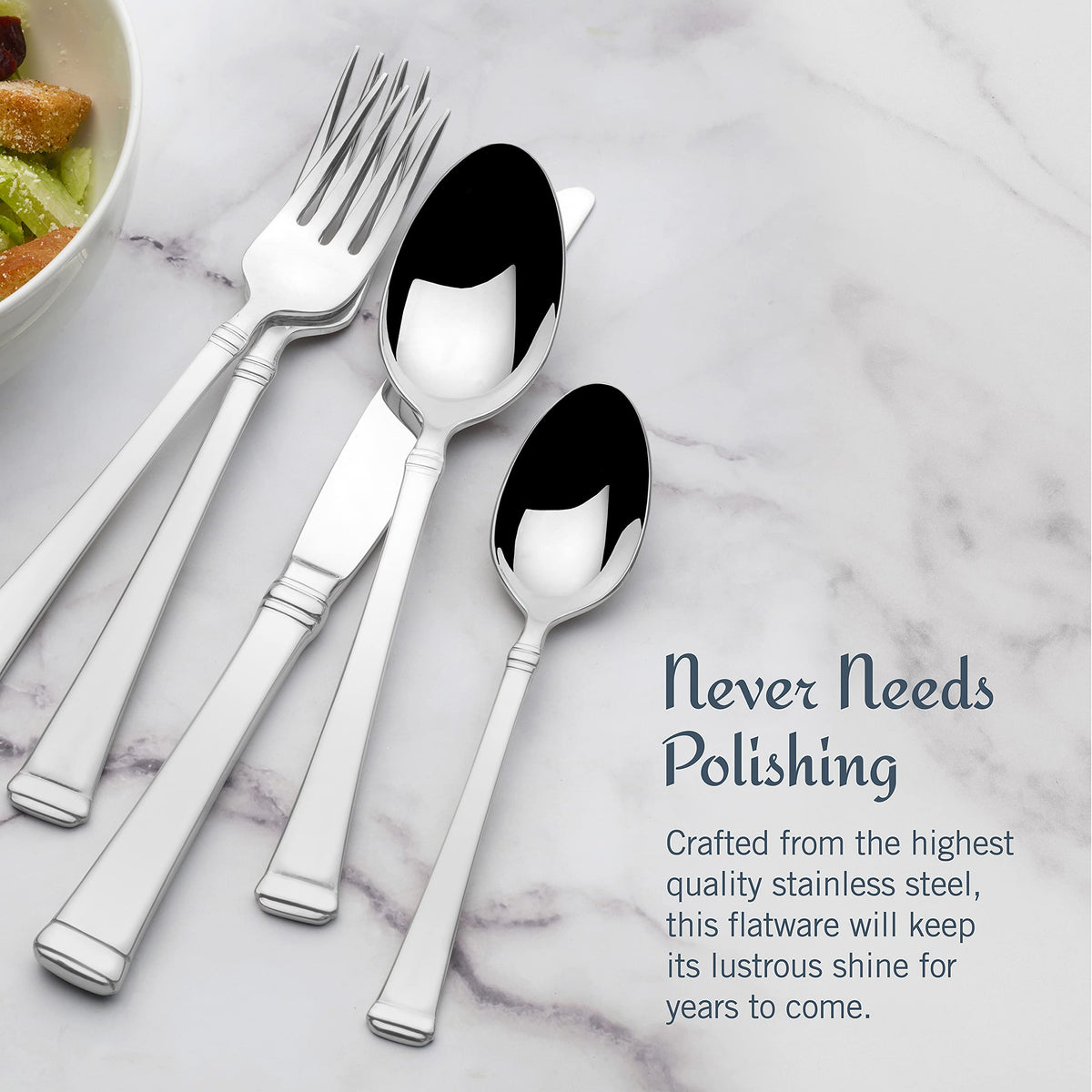Mikasa Harmony dishwasher-safe stainless steel simplifies cleanup after gatherings.
