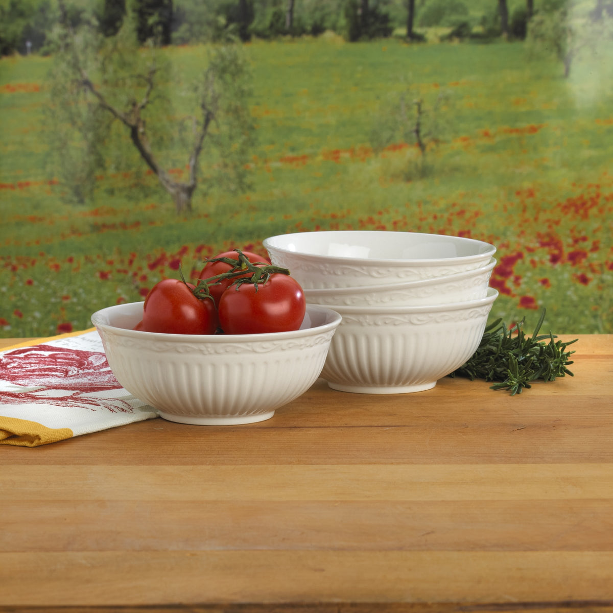 Mikasa Italian Countryside fruit bowls stacked for compact storage and easy setup