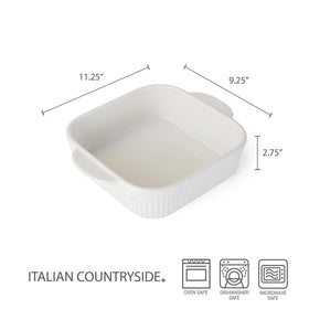 Mikasa Italian Countryside casserole highlights handle detail for easy oven transfer.