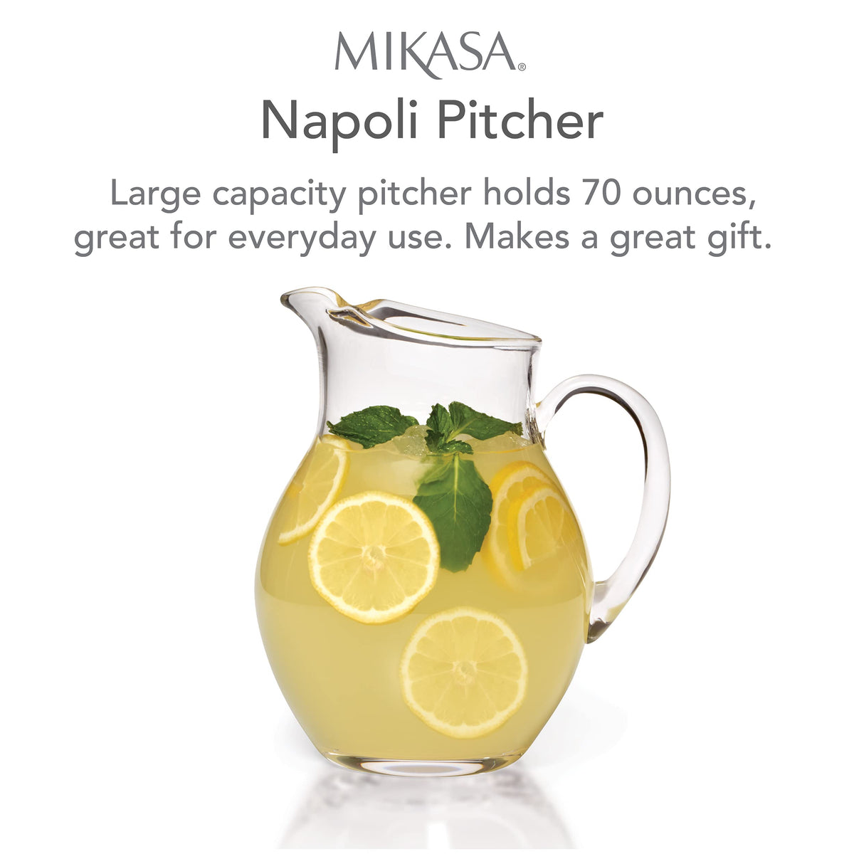 Mikasa Napoli pitcher side view showing 70-ounce capacity for large pours