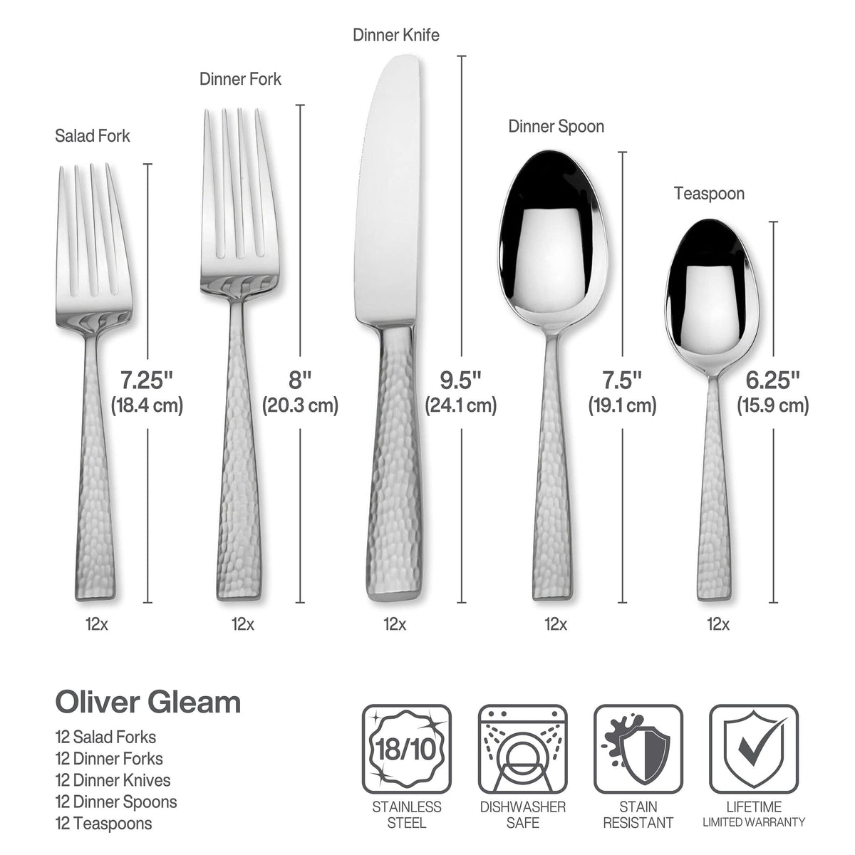 Close-up of hammered texture handles on Mikasa Oliver Gleam flatware.