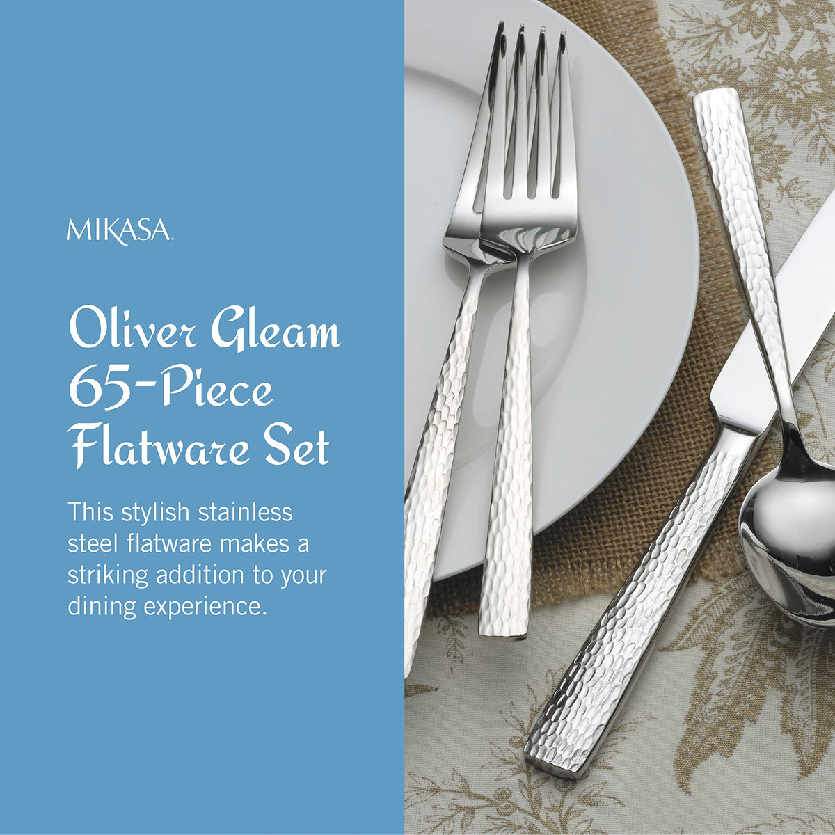 65-piece service for twelve with Mikasa Oliver Gleam flatware and pieces.