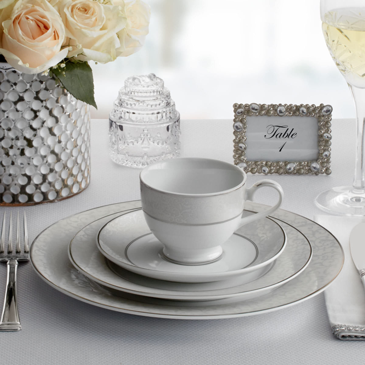 Mikasa Parchment smooth white surface provides pristine backdrop