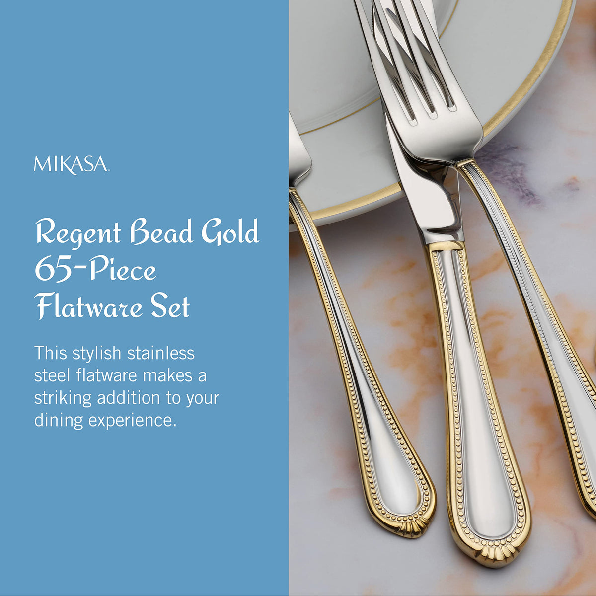 Mikasa Regent Bead Gold dinner knife, balanced grip for comfortable slicing