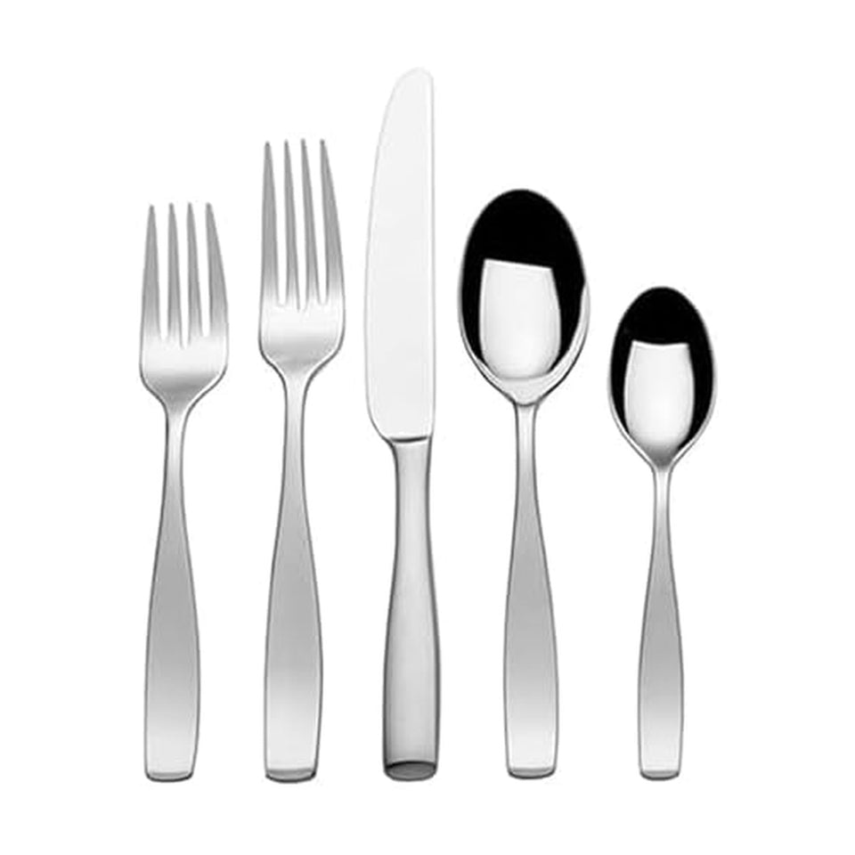 Mikasa Satin Loft 65-piece flatware set for 12 with balanced weight.