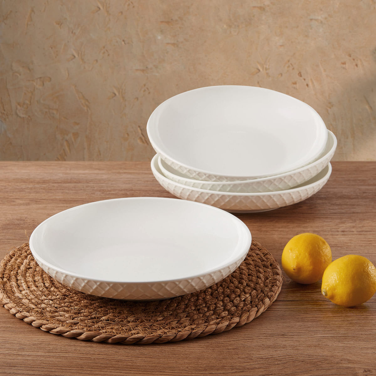 Mikasa Trellis bowls, microwave-safe for quick reheating of leftovers.