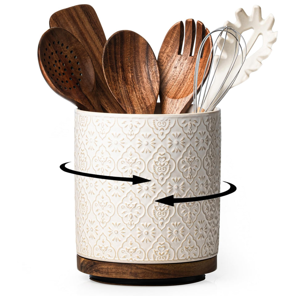 MIKIGEY 360° rotating base utensil holder on counter keeps spatulas within reach for easy cooking