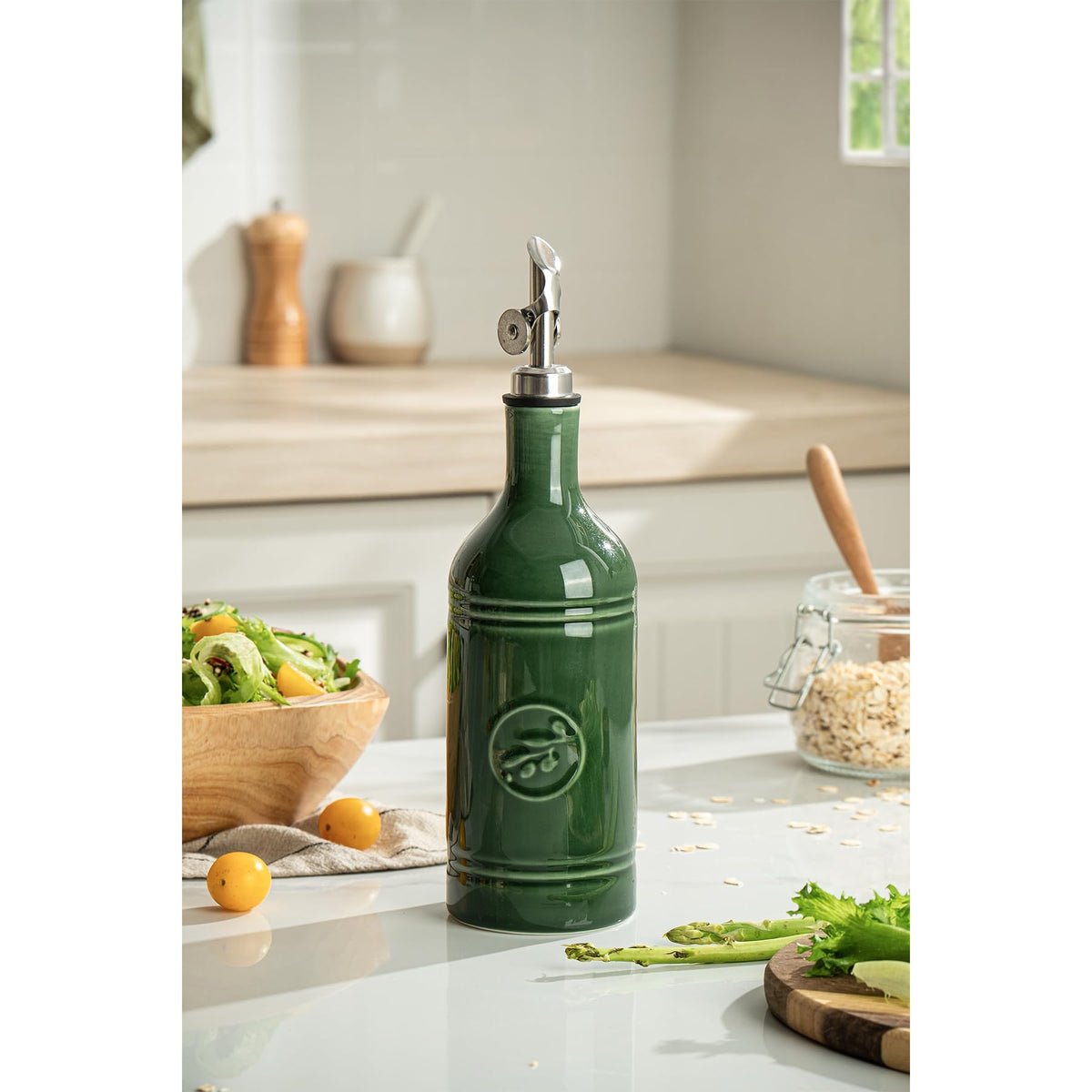 MIKIGEY jade-green ceramic bottle offers stylish storage for olive oil.