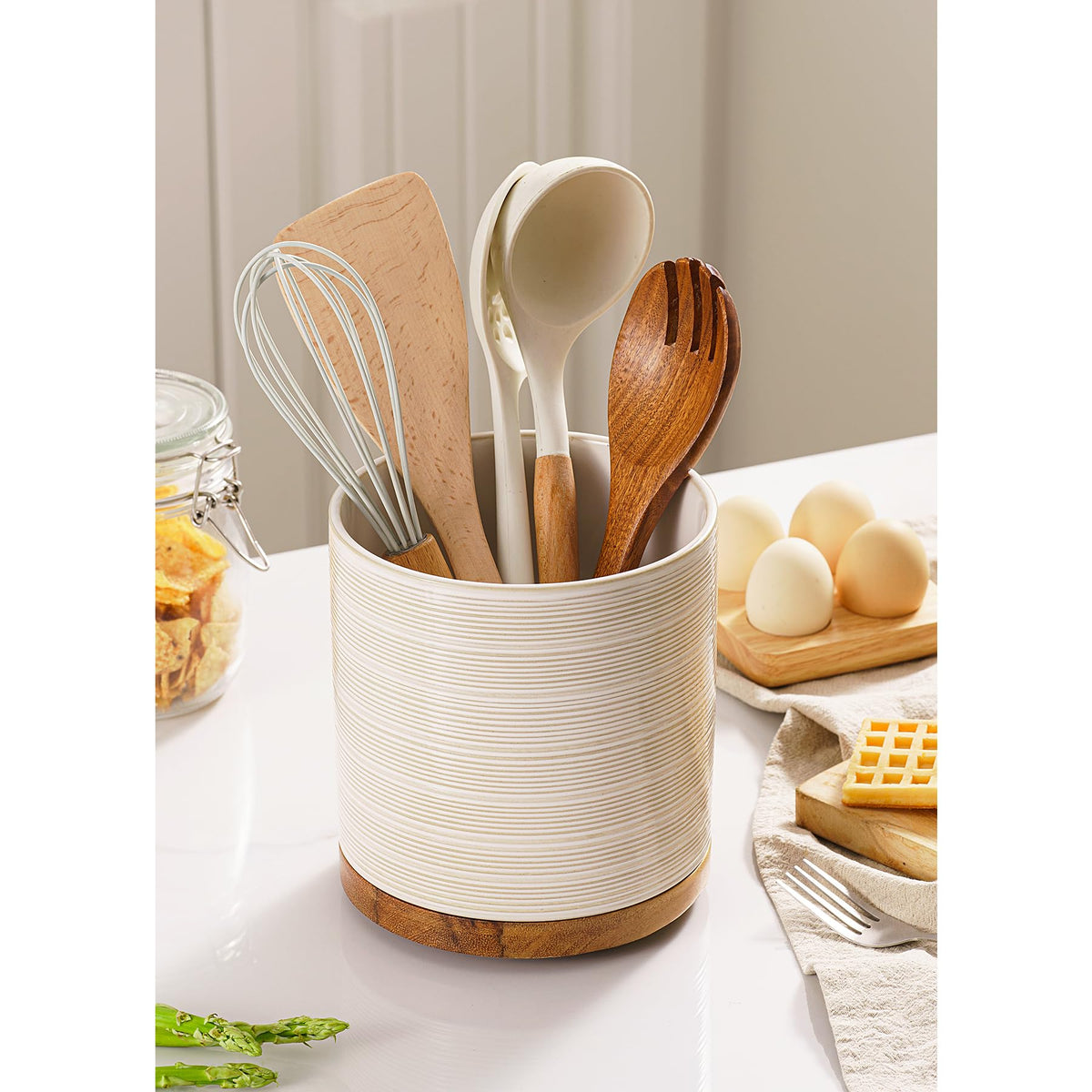 MIKIGEY ceramic crock offers deep capacity for spatulas, ladles, and tongs.