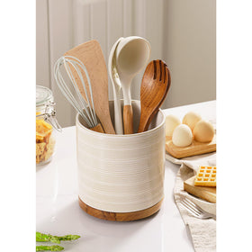 MIKIGEY ceramic crock offers deep capacity for spatulas, ladles, and tongs.