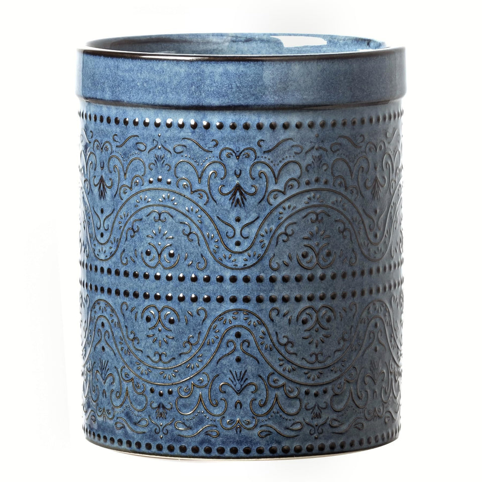 MIKIGEY ceramic utensil holder with lace embossing for tidy counter organization.