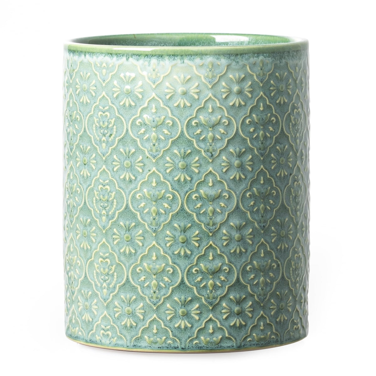 MIKIGEY forest green utensil holder with embossed pattern for stylish kitchen organization.