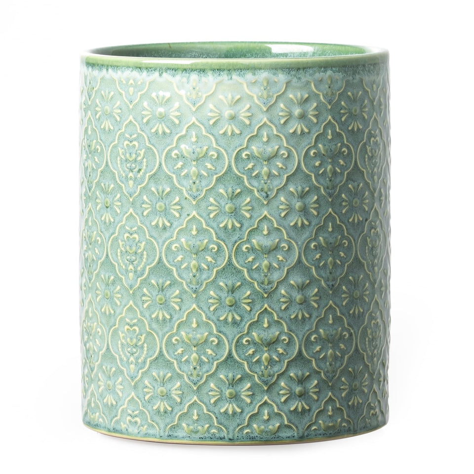 MIKIGEY forest green utensil holder with embossed pattern for stylish kitchen organization.