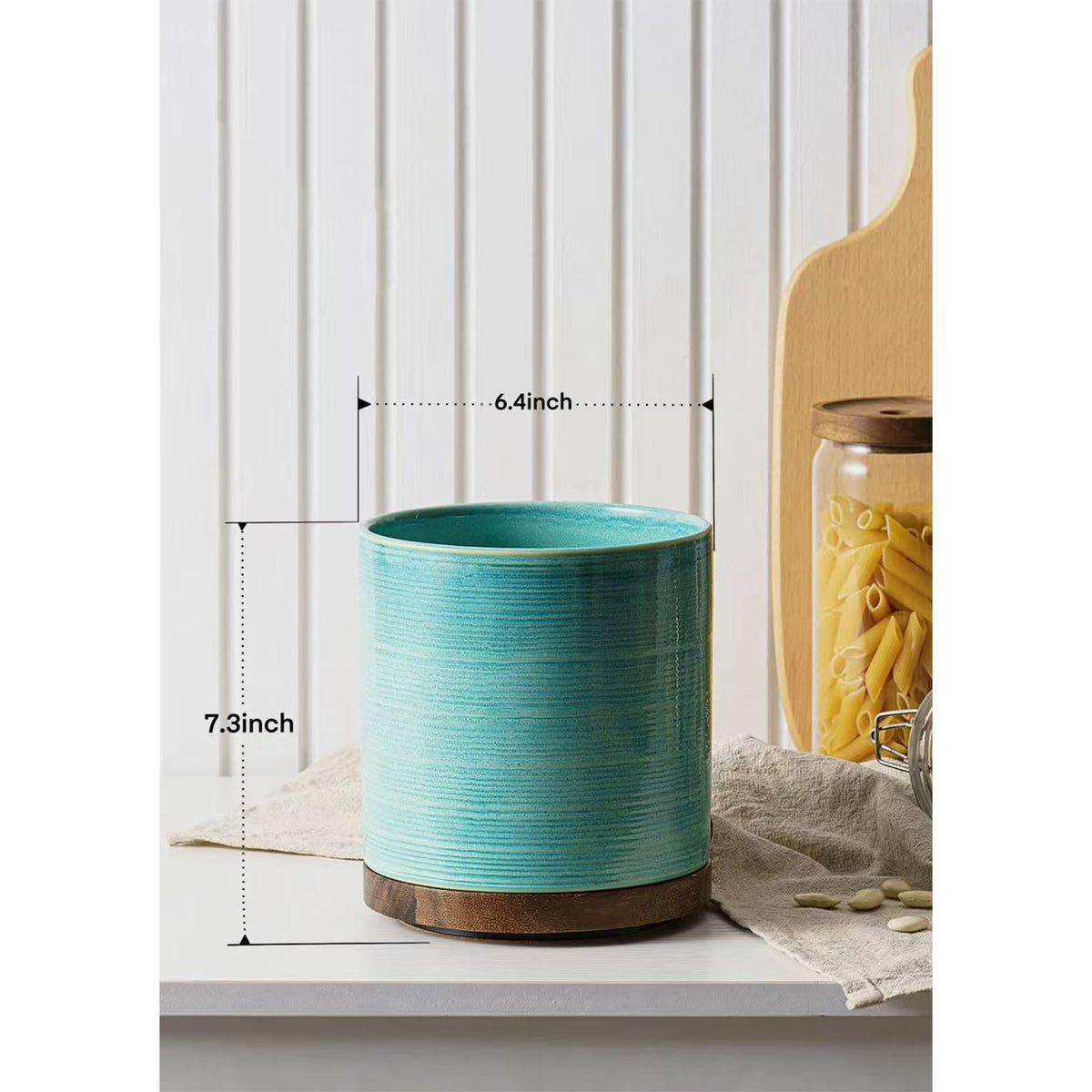 MIKIGEY green ceramic crock complements farmhouse kitchen decor beautifully.
