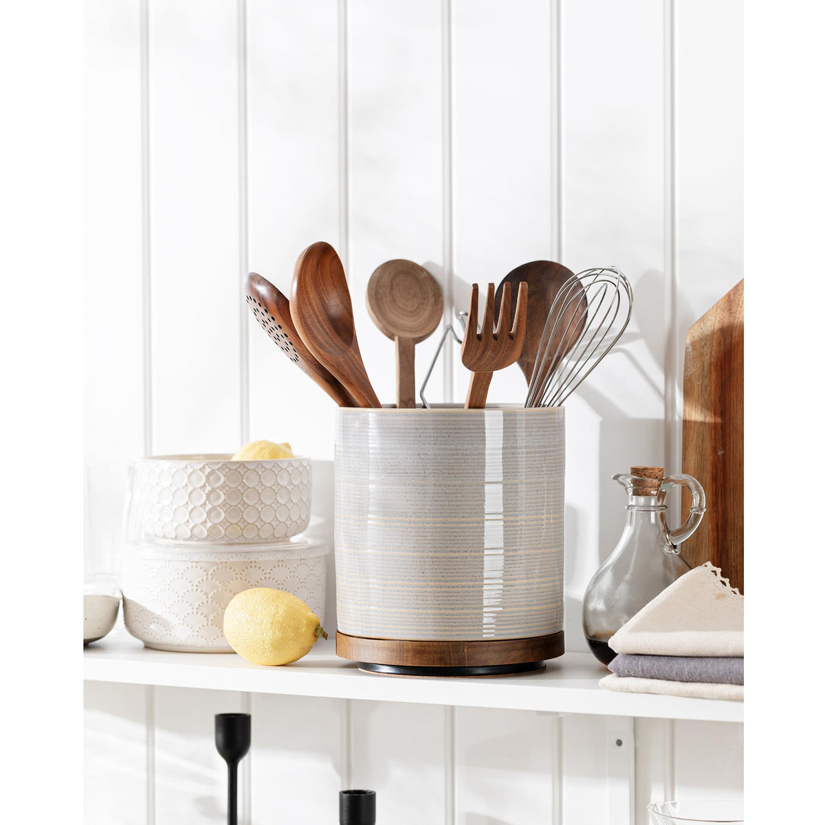 MIKIGEY versatile crock stores brushes, candies, or fruits.