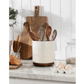 MIKIGEY off-white ceramic utensil holder blends with modern kitchen decor