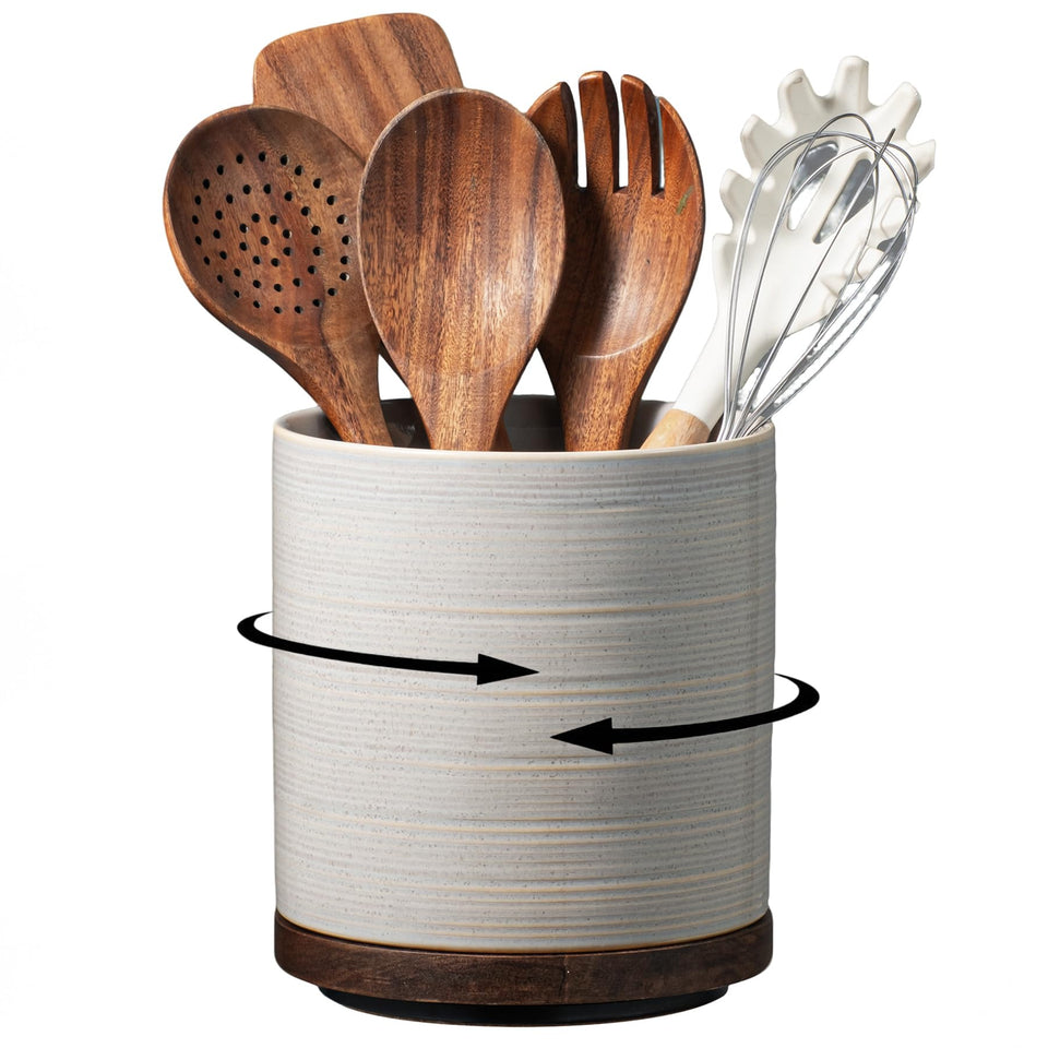 MIKIGEY 360° rotating utensil holder shows easy access to cooking tools.