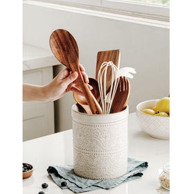 MIKIGEY utensil holder detail: embossed lace adds vintage farmhouse charm.