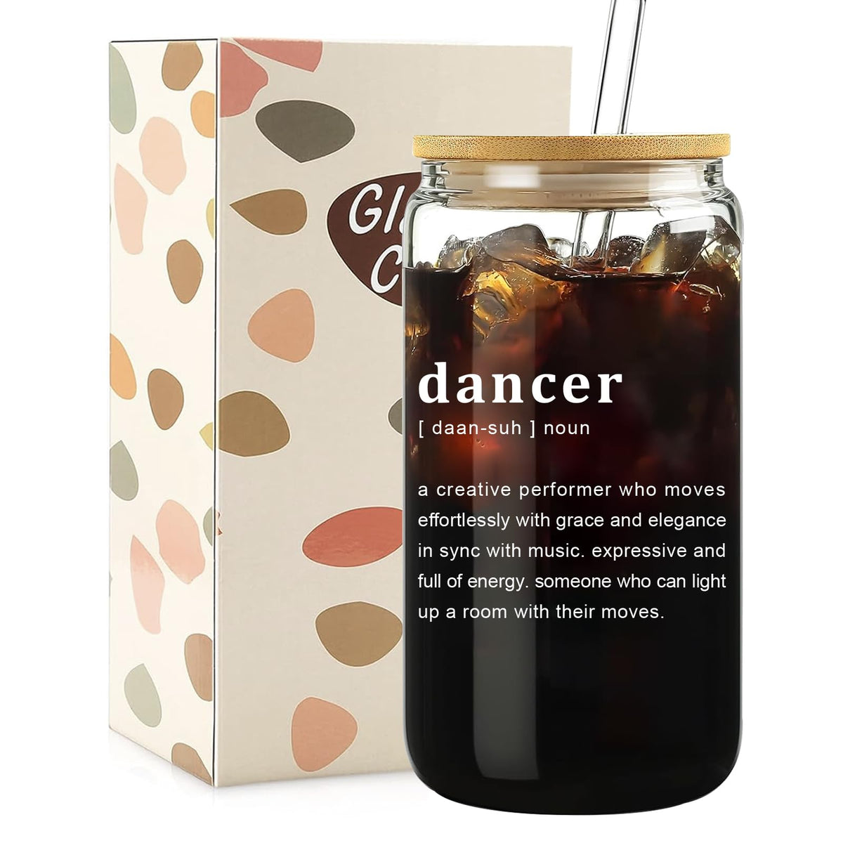 Mikopei glass cup with lid shown with a hand in profile, ideal for iced coffee or smoothies