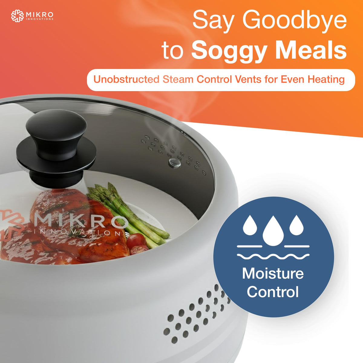 Mikro Innovations splatter cover side view, tall design prevents contact with food