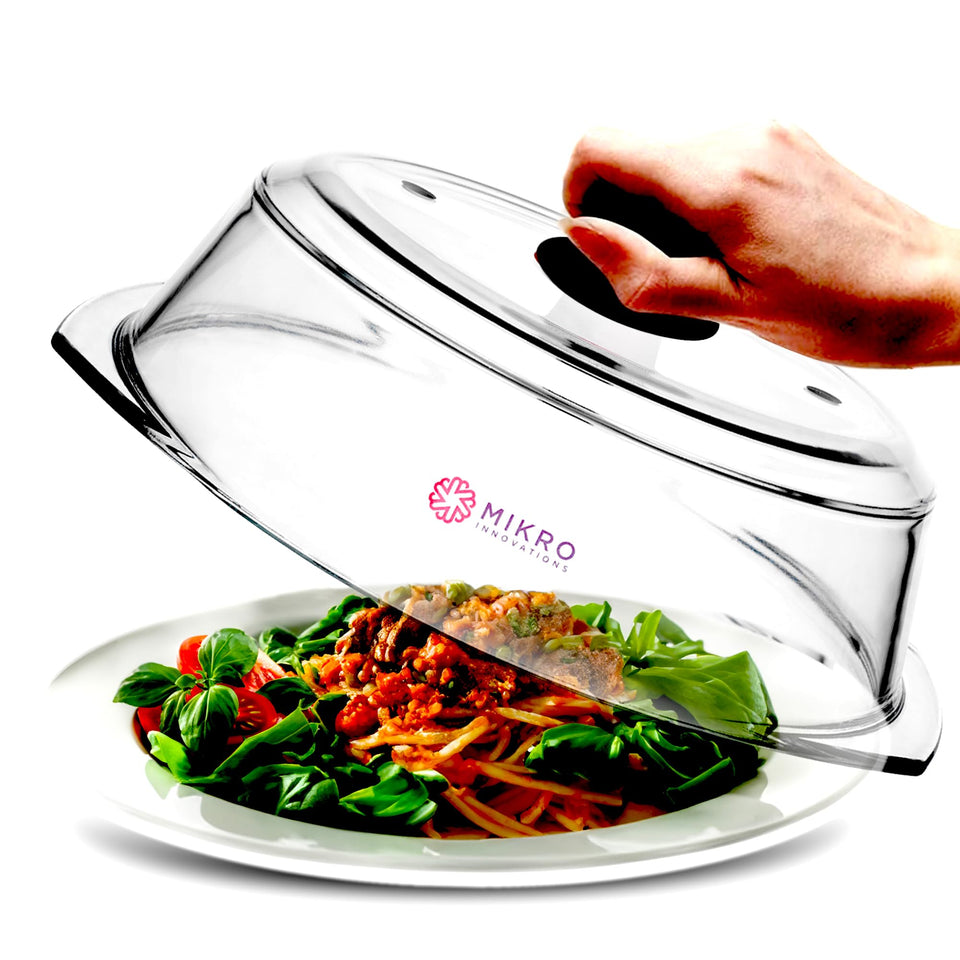 Mikro Innovations tall glass microwave splatter cover with clear glass for easy viewing