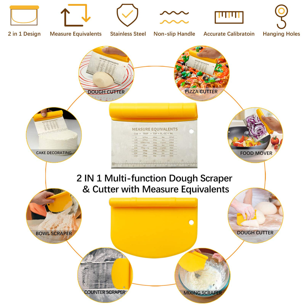 MIKULA 2-in-1 bench scraper and pizza cutter keeps counters clean.