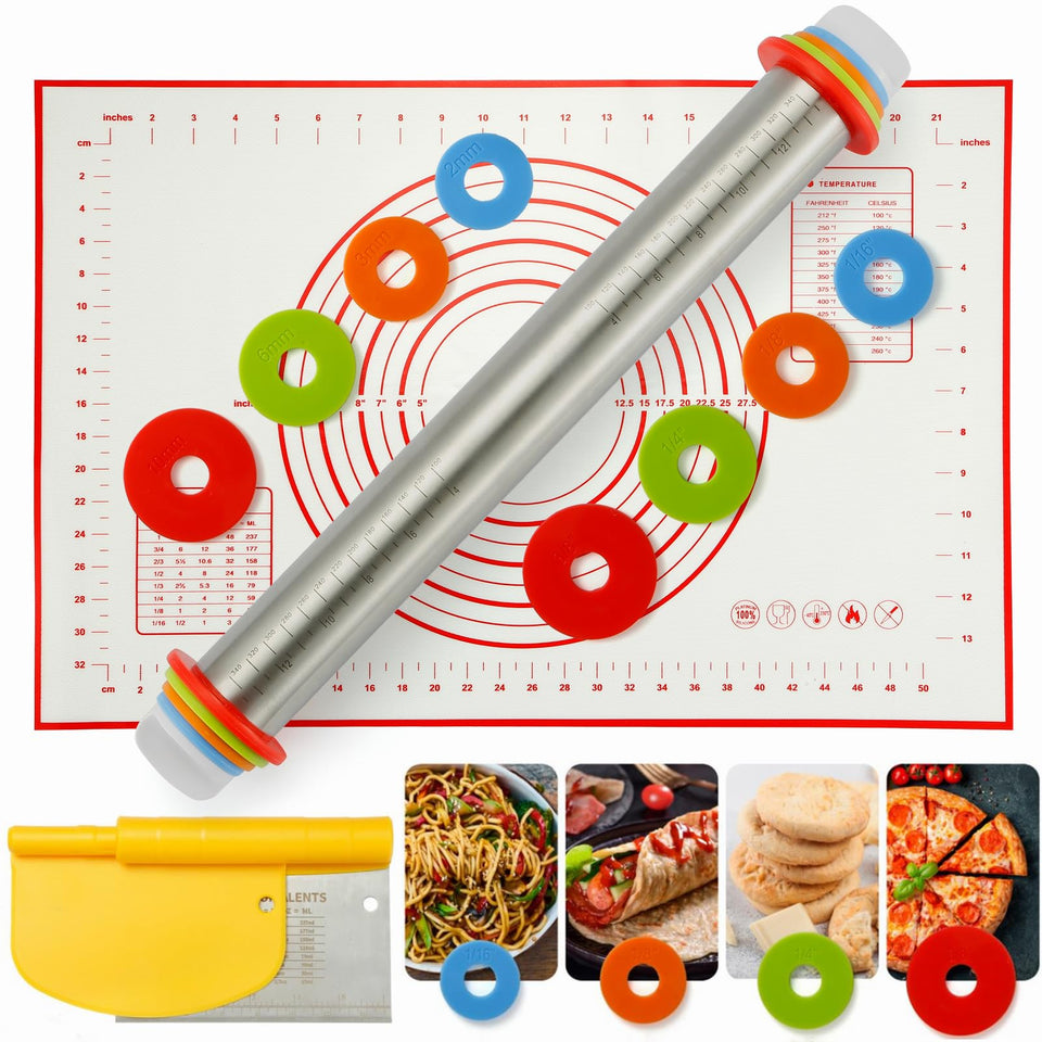 MIKULA rolling pin with adjustable rings for precise dough thickness.