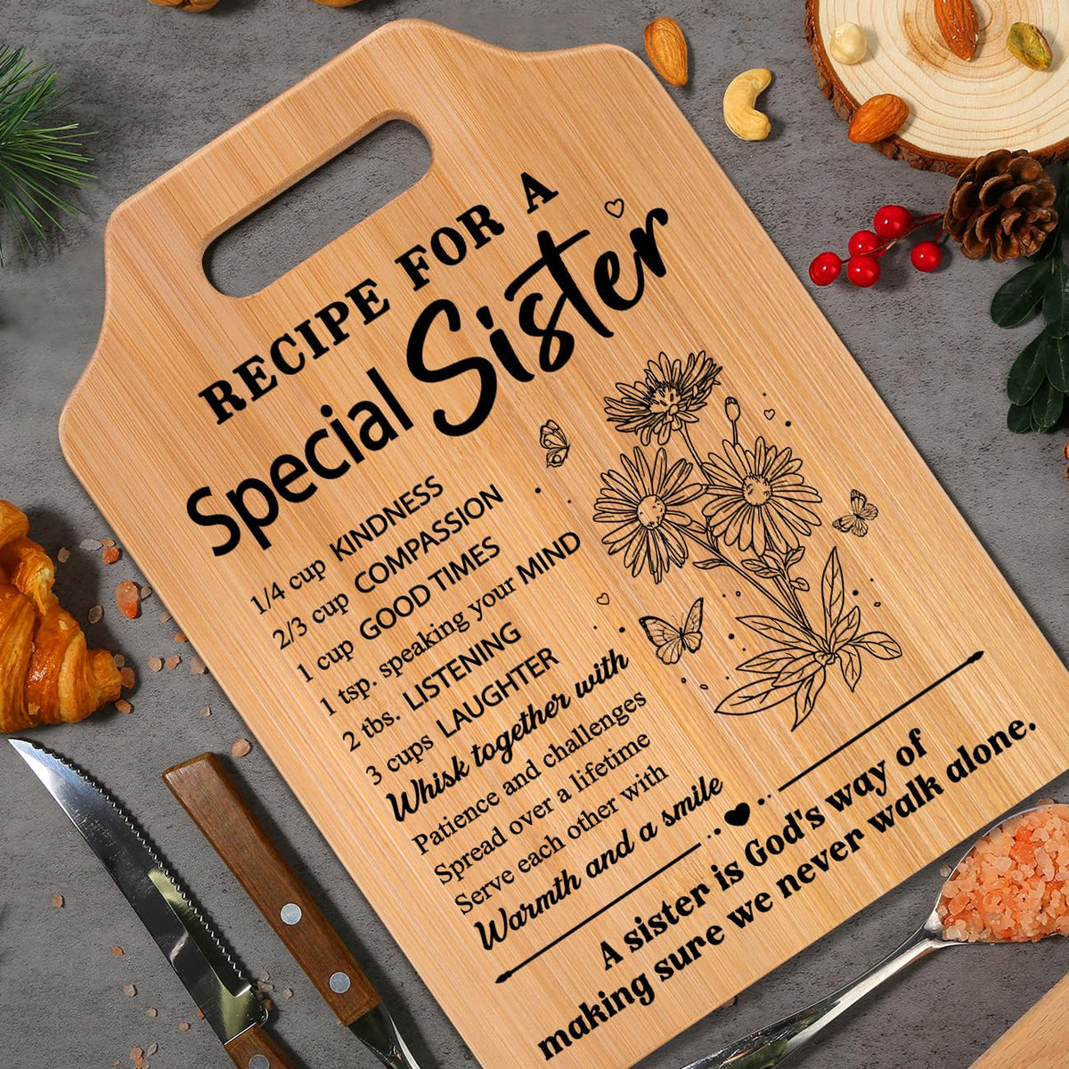 Milcier cutting-board-flowers-prints-quote: decorative quotes and floral accents.