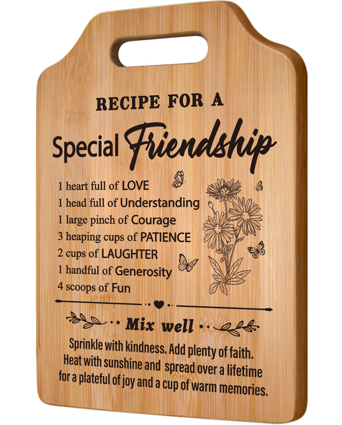 Milcier friendship cutting board close-up with recipe design, ideal as a heartfelt gift for her.