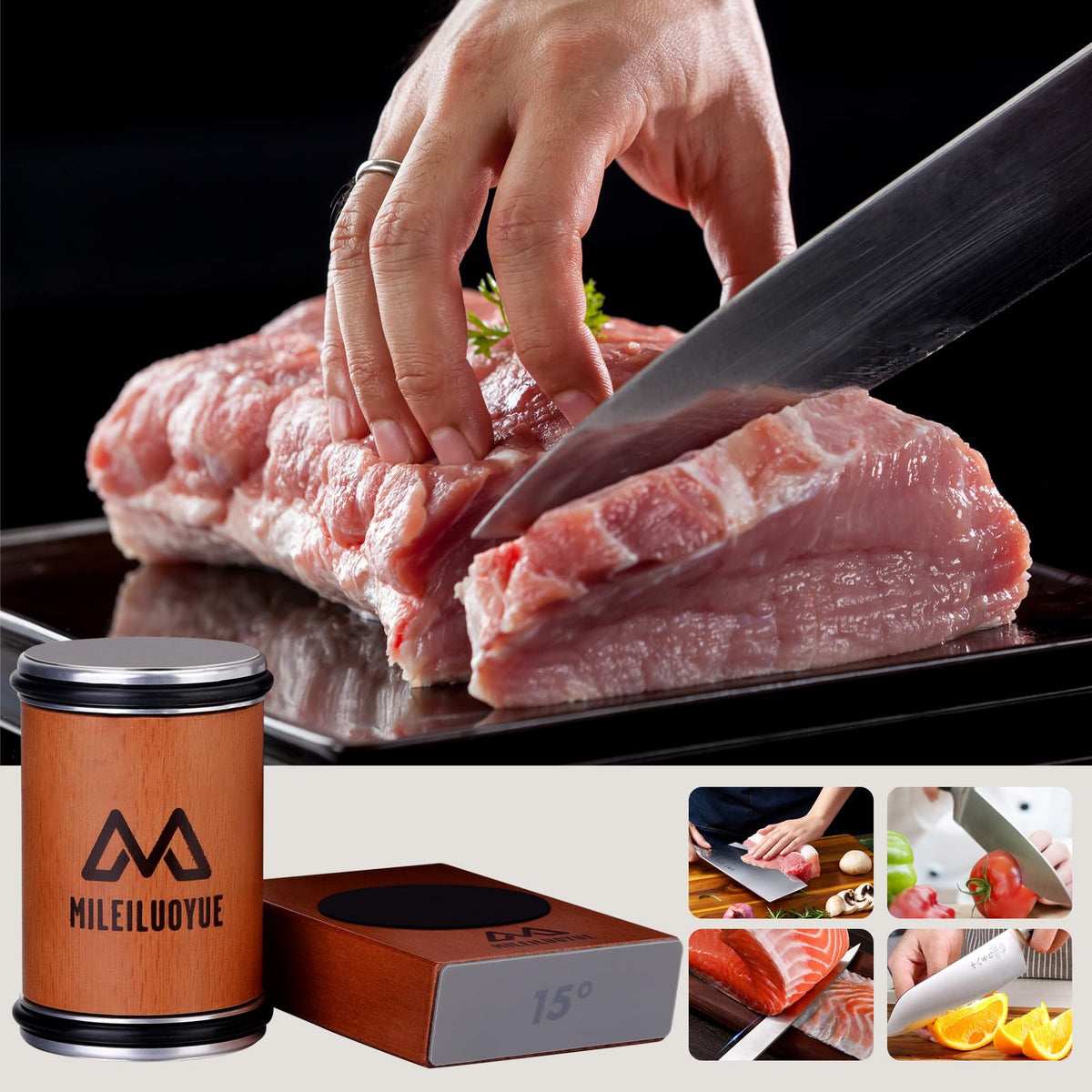 MILEILUOYUE drum sharpener with natural wood base stabilizes knives