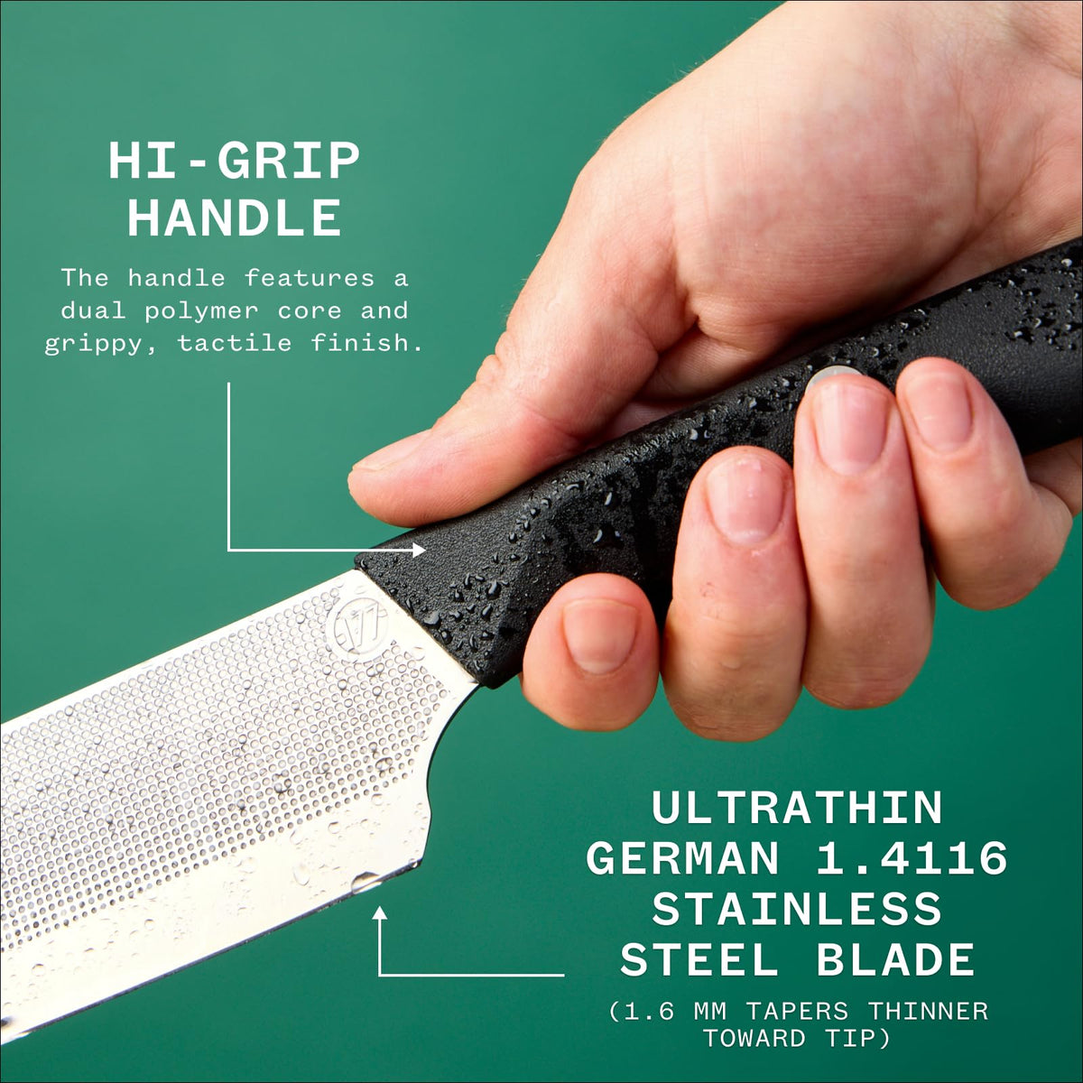 Milk Street Nakiri knife embossed blade pattern for smooth release