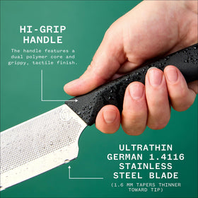 Milk Street Nakiri knife embossed blade pattern for smooth release