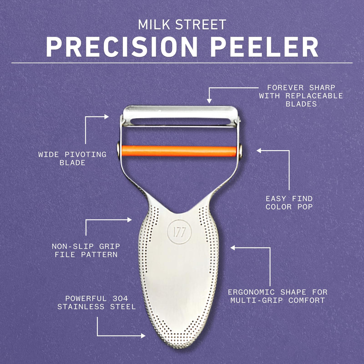 Milk Street Precision Peeler ergonomic handle for comfortable grip.