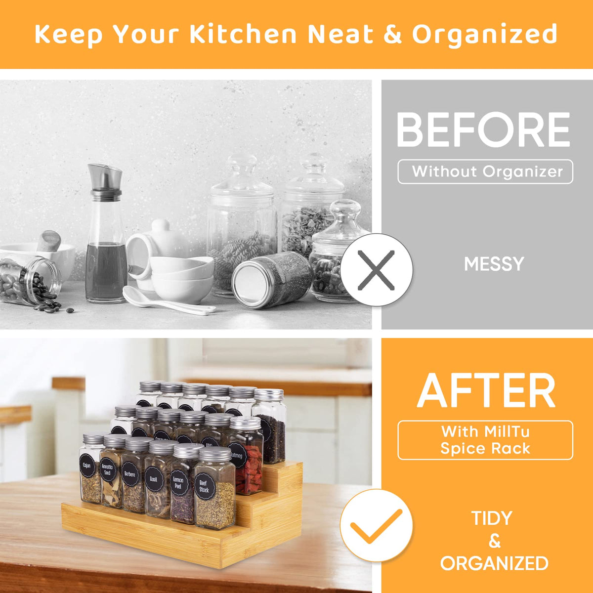 MillTu bamboo spice rack 3-tier elevates spices for quick picking