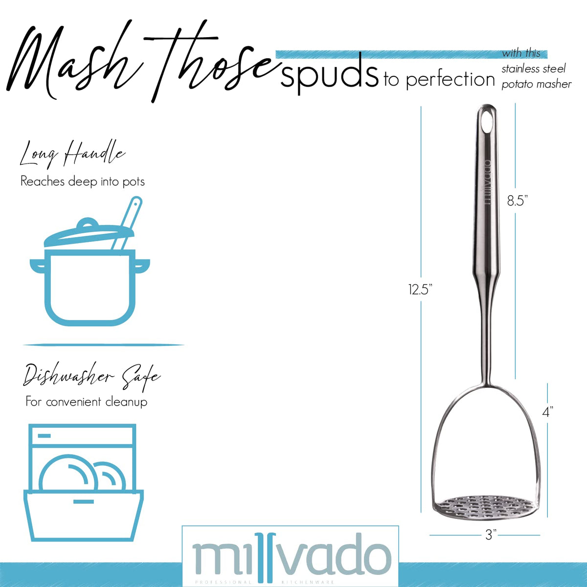 millvado potato masher mashing potatoes and beans to smooth texture