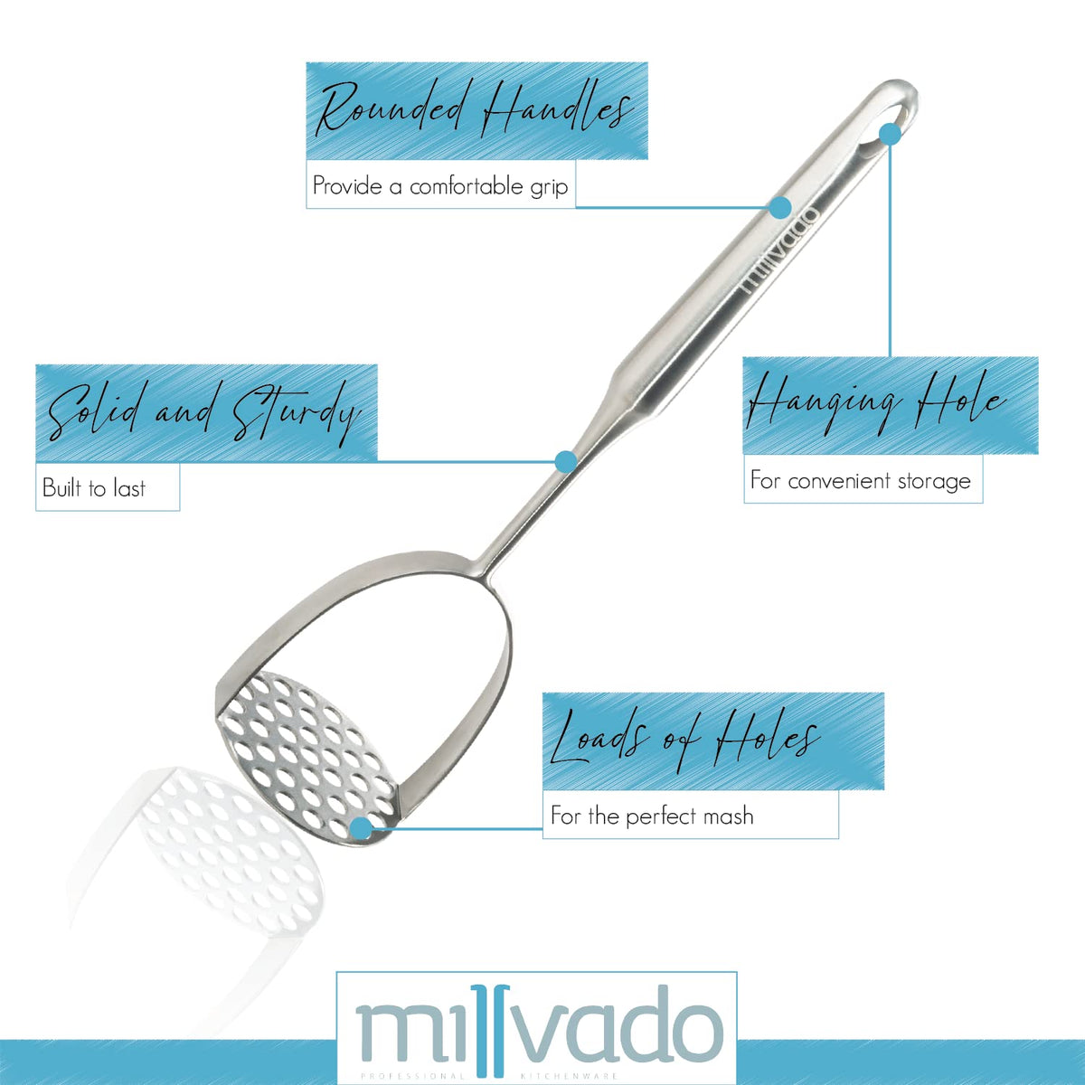 millvado masher with hanging hole design for easy storage