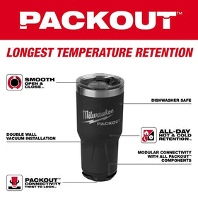 Milwaukee Packout tumbler offers 30 oz capacity for long sessions.