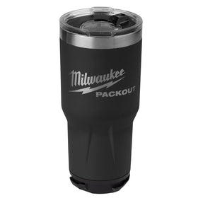 Milwaukee Packout tumbler with lid open for quick beverage access on site.