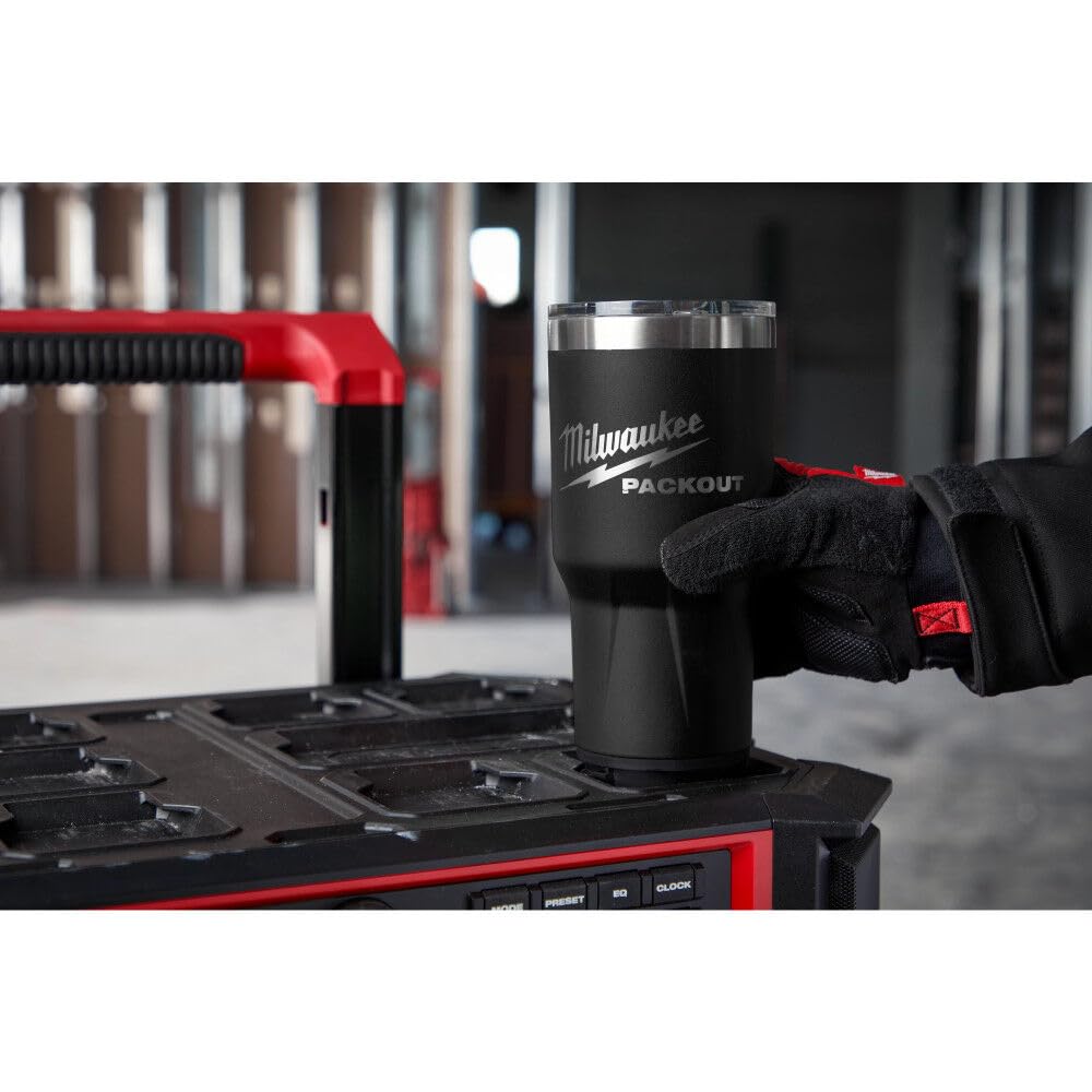 Milwaukee Packout tumbler with twist-to-lock connection for modular setup.