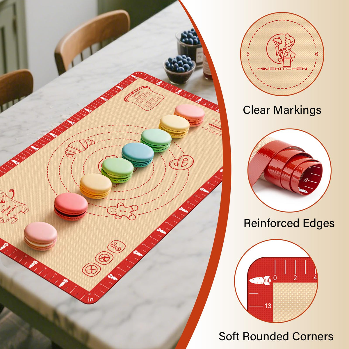 Mimekitchen rounded edges keep handling safe while kneading and shaping.