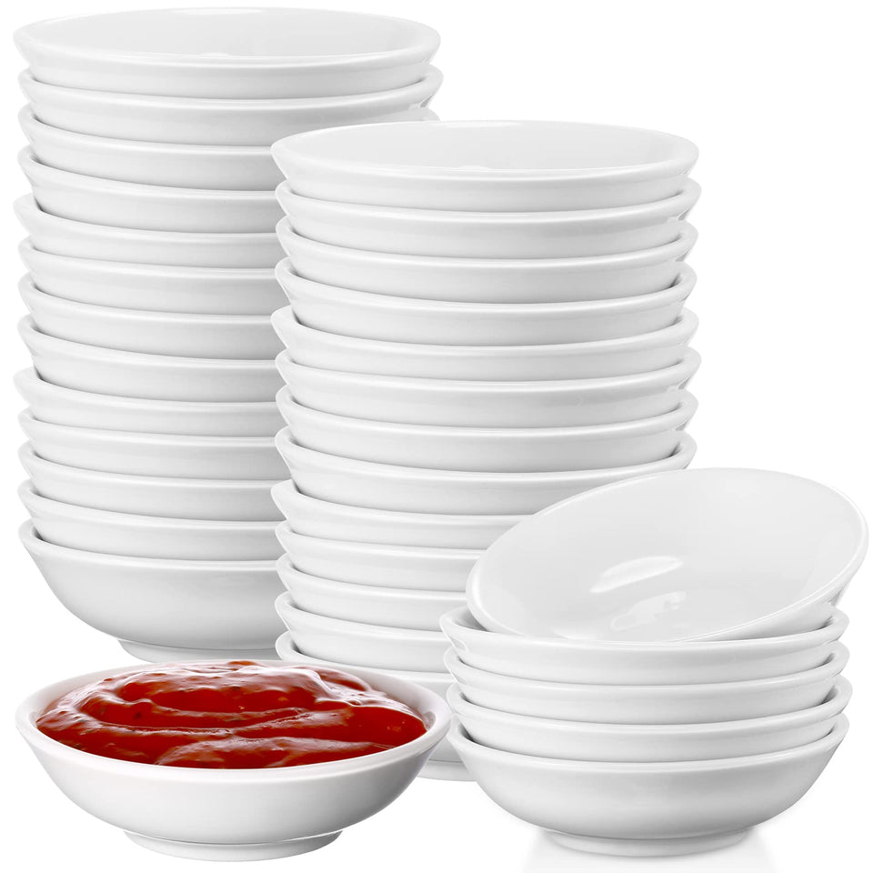 Mimorou ceramic white dipping bowls, 1.2 oz, 50-pack, ideal for sauces and condiments.