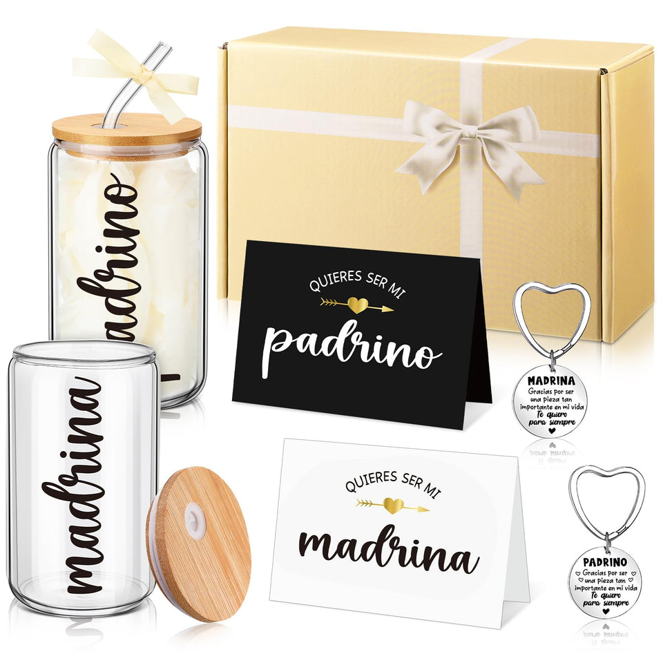 Mimorou godparents glass cups with bold Madrina and Padrino lettering for daily use