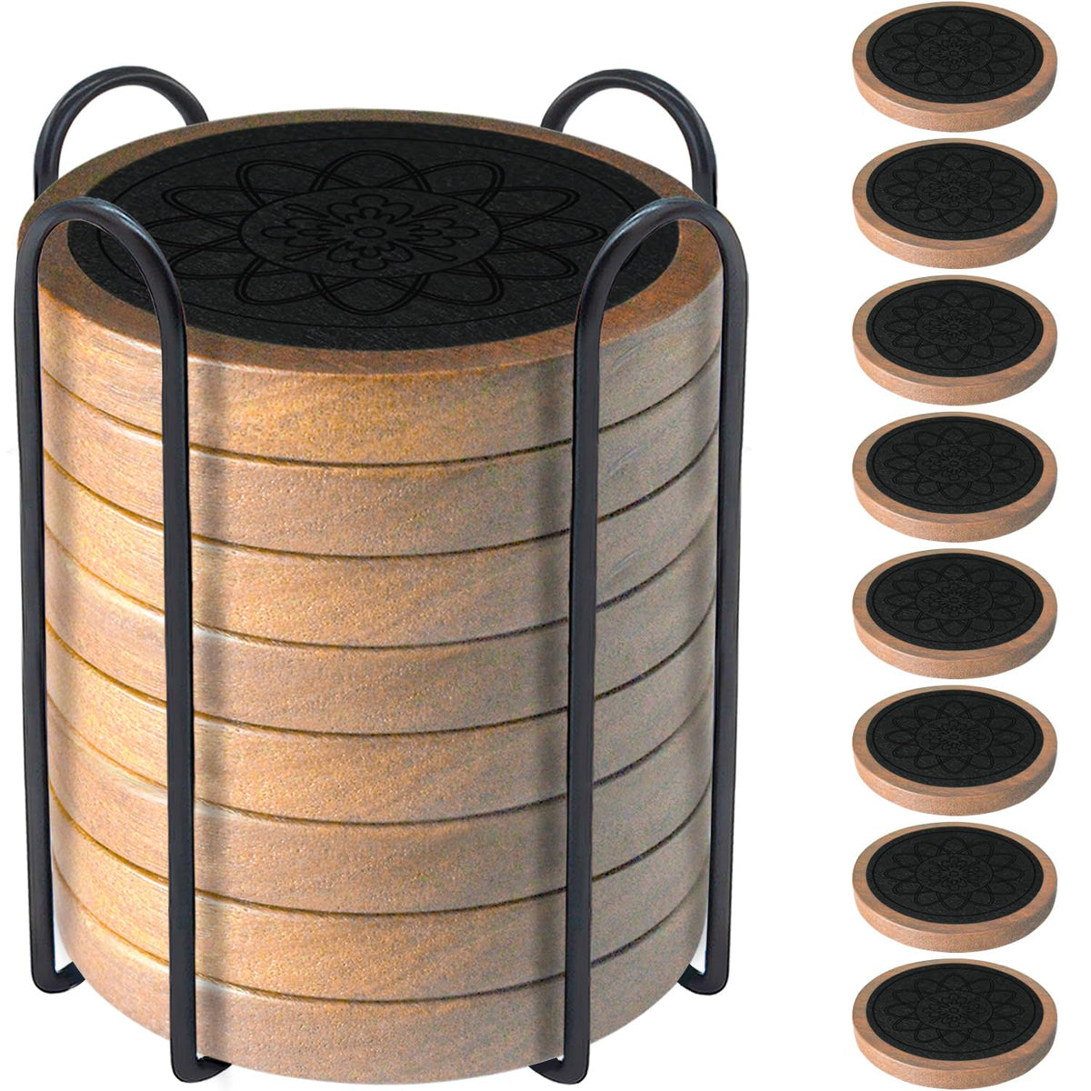 Minacun 8-pack wooden coasters with absorbent pads protect tabletops from liquid spills.