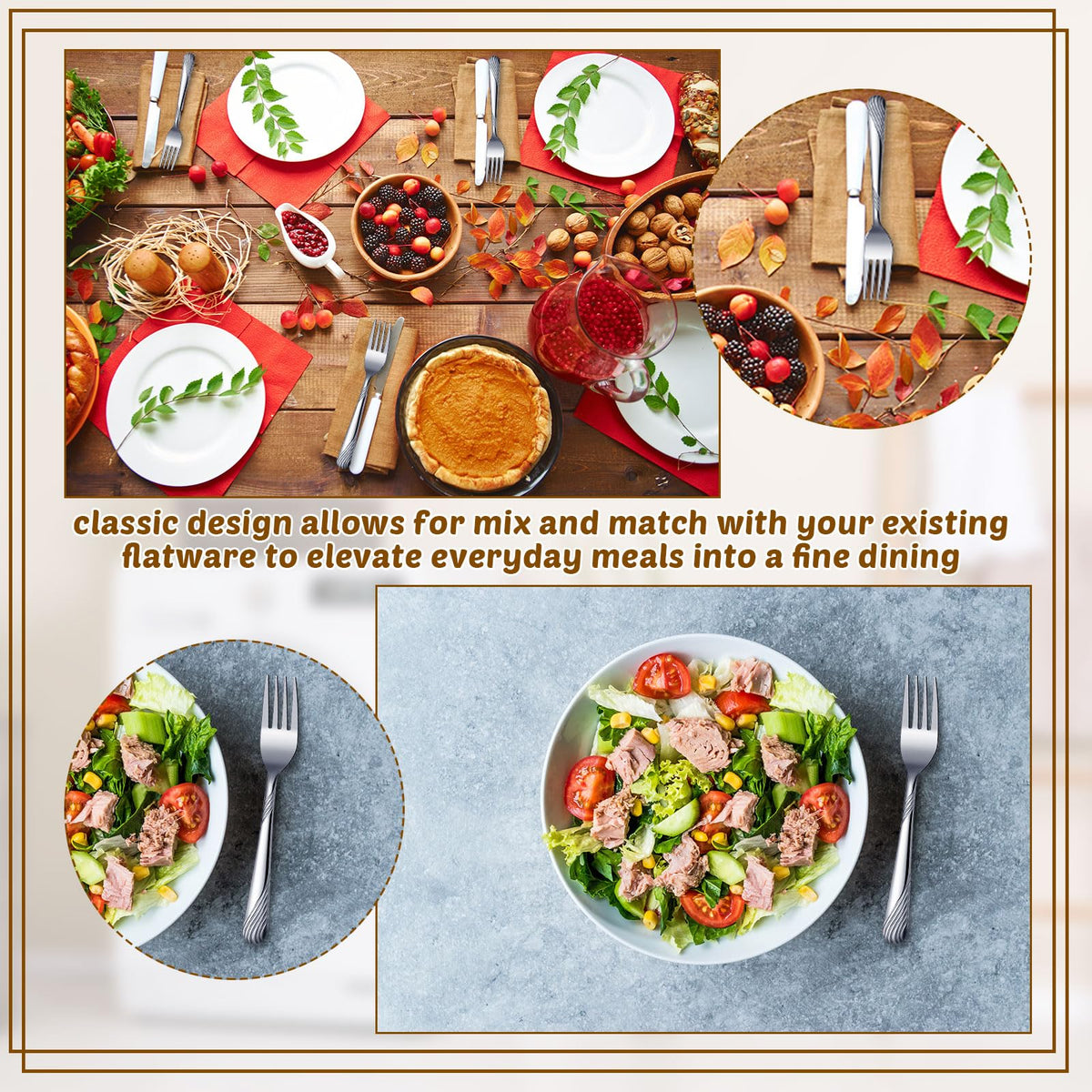 Minatee classic design forks complement any tableware and dining style.