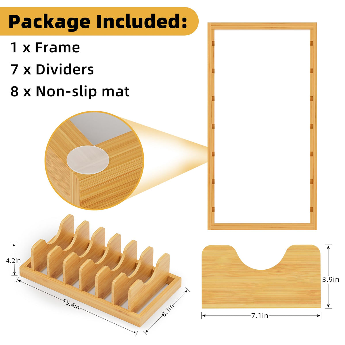 MinBoo bamboo 13-slot organizer with measured slots for lids and pans.
